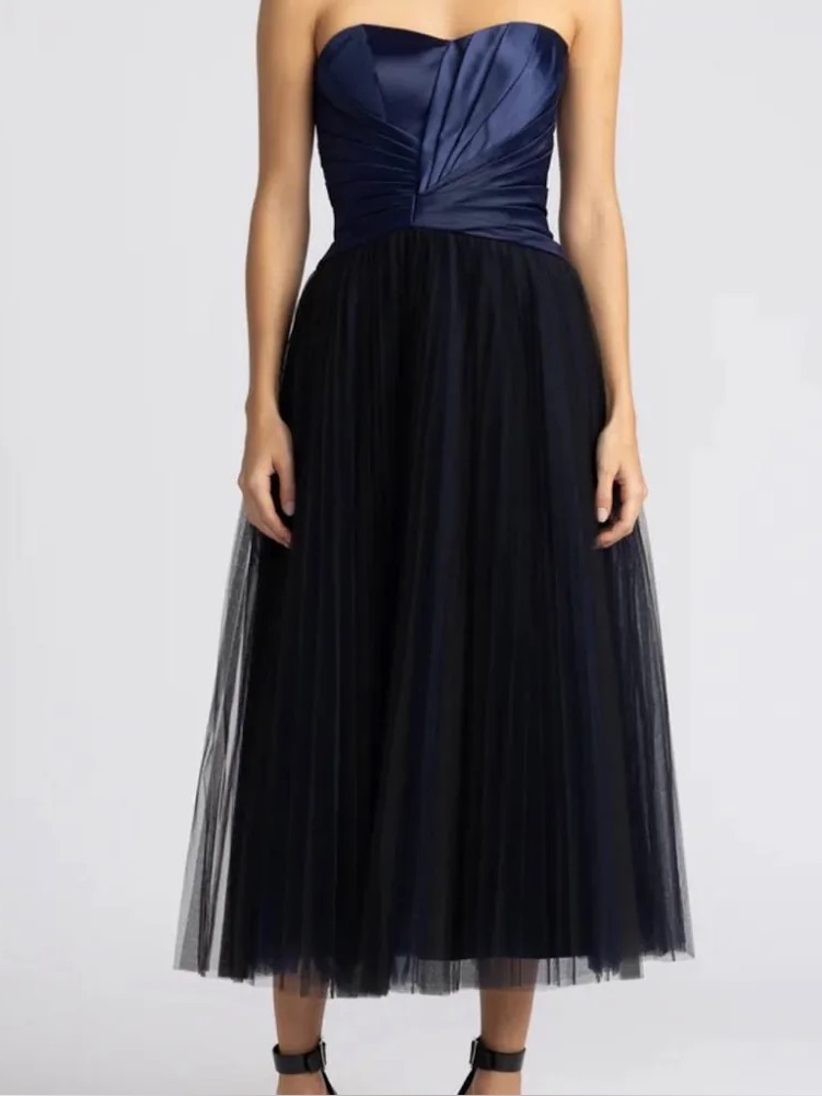 Zac Posen Navy And Black Strapless Tulle Midi Dress: Nwot